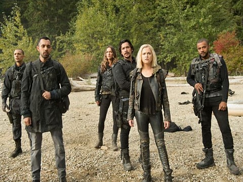 (L-R): Jordan Bolger as Shaw, Sachin Sahel as Jackson, Tasya Teles as Echo, Bob Morley as Bellamy, Eliza Taylor as Clarke and Jarod Joseph as Miller in 'The 100'