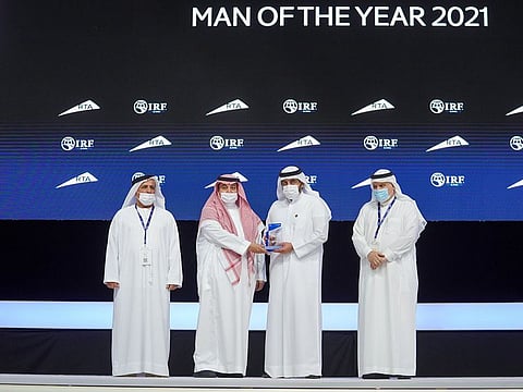 Sheikh Ahmed bin Mohammed bin Rashid Al Maktoum (third from left) awarding Khaled Al Hogail as winner of IRF’s Man of the Year Award 2021