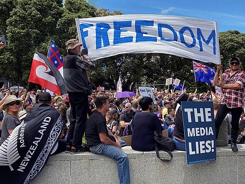 Protesters rally against coronavirus disease (COVID-19) restrictions and vaccine mandates in Wellington, New Zealand, November 9, 2021.