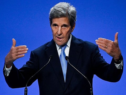 US special climate envoy, John Kerry speaks during a joint China and US statement on a declaration enhancing climate action in the 2020's during the COP26 climate change conference in Glasgow on November 10, 2021. 