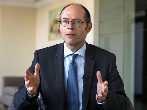 Olivier De Schutter, UN special rapporteur on extreme poverty and human rights gestures during an interview with Reuters, in Beirut, Lebanon November 11, 2021. 