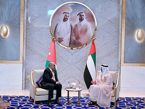 Lt General Sheikh Saif bin Zayed Al Nahyan with Bisher Al Khasawneh at Expo 2020 Dubai today.  
