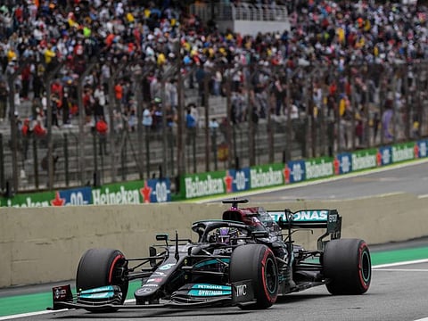 Mercedes' British driver Lewis Hamilton powers his car during a free practice at the Autodromo Jose Carlos Pace, or Interlagos racetrack, in Sao Paulo ahead of Brazil's Formula One Sao Paulo Grand Prix. Brazil will hold its F1 Sao Paulo Grand Prix tomorrow.