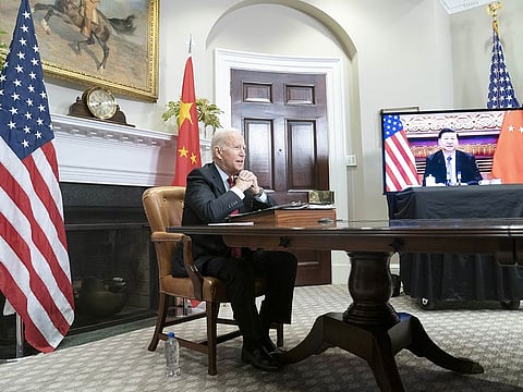 US President Joe Biden speaks while meeting virtually with Xi Jinping, China's president, in the Roosevelt Room of the White House in Washington, D.C., U.S., on Monday, Nov. 15, 2021.