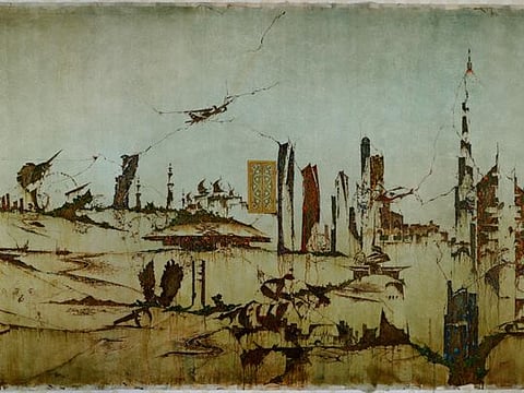 Akbar Saheb with his oil-on-canvas which measures 18 feet X 7 feet and is entitled Past, Present and Future.