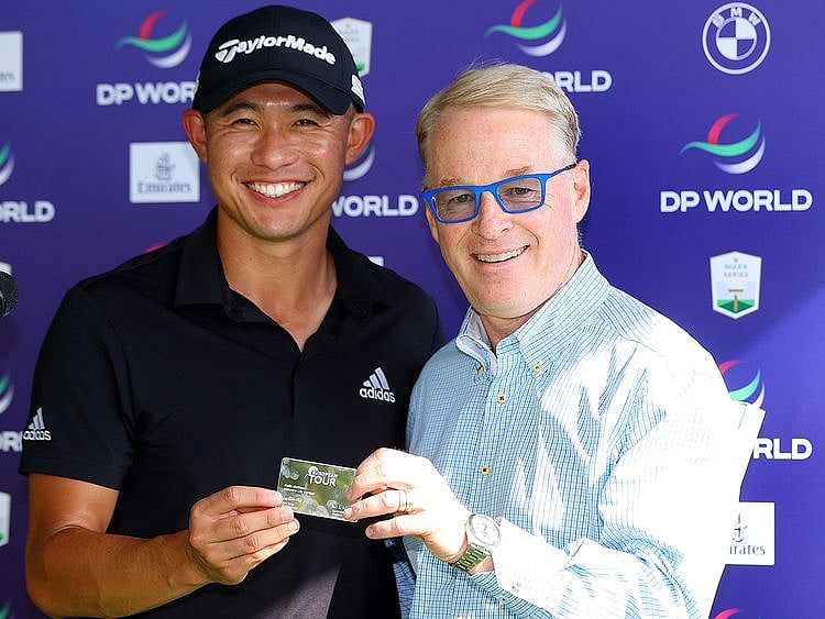 Collin Morikawa receives Honorary Life Membership of the European Tour from CEO Keith Pelley
