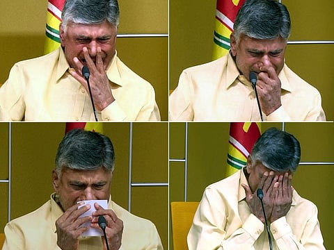Combo image shows Telugu Desam Party (TDP) president N Chandrababu Naidu breaking down and vows not to step into state Assembly for the rest of its term during a press conference after getting alleged abusive comments from Yuvajana Sramika Rythu (YSR) Congress supporters about his wife, at Amaravati, in Guntur on Friday. 