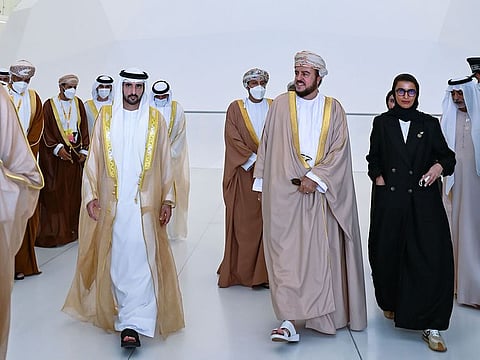 Sheikh Hamdan bin Mohammed bin Rashid Al Maktoum (L) with Asa’ad bin Tariq Al Said (R) at UAE Pavilion at Expo 2020 Dubai on Sunday