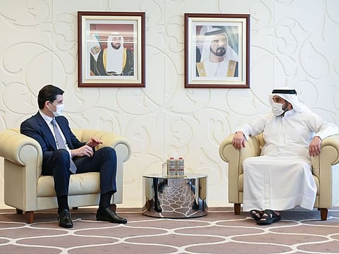 Sheikh Ahmed bin Mohammed bin Rashid Al Maktoum, President of the UAE National Olympic Committee, receives Otabek Umarov, the Vice-President of the Olympic Council of Asia, in Dubai