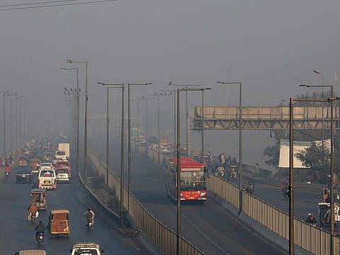 Smog envelops the area of Lahore on November 22, 2021. People of Lahore and adjacent area are suffering from respiratory problems because of poor air quality related to thick smog hanging over the region. 
