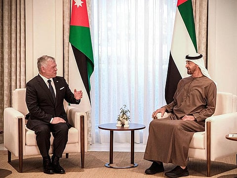 His Highness Sheikh Mohamed bin Zayed Al Nahyan, Crown Prince of Abu Dhabi and Deputy Supreme Commander of the UAE Armed Forces (right) meets Jordan's King Abdullah II in Abu Dhabi on Tuesday