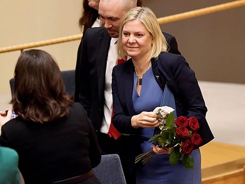  Current Finance Minister and Social Democrat leader Magdalena Andersson is congratulated after being appointed as the country’s new Prime Minister following a voting at the Swedish Parliament Riksdagen in Stockholm on November 24, 2021. 