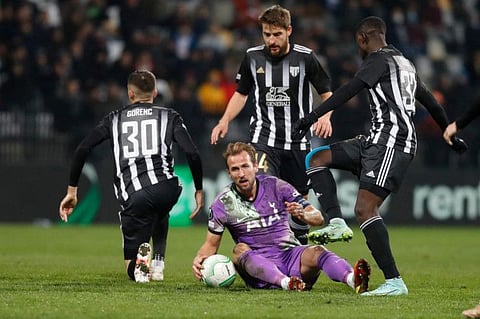 Tottenham’s Harry Kane (centre) reacts during the Europa Conference League match against Mura in Maribor, Slovenia.