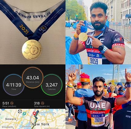 Baiju Chaliyil after finishing the 50th New York City Marathon.