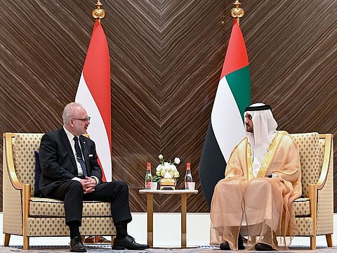 Sheikh Maktoum bin Mohammed bin Rashid Al Maktoum (right) meeting President Egils Levits of Latvia at Expo 2020 Dubai on Sunday