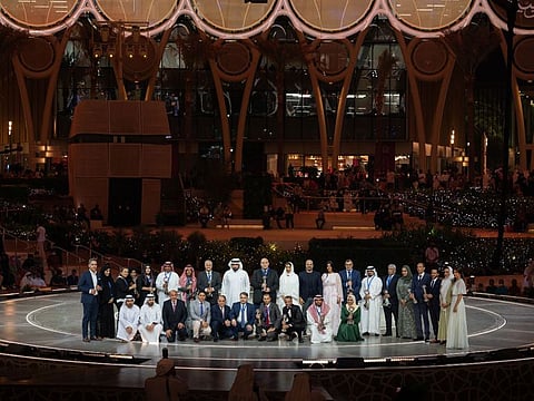 Sheikh Ahmed bin Mohammed bin Rashid Al Maktoum with the Arab Journalism Award winners at Expo 2020 Dubai on Sunday