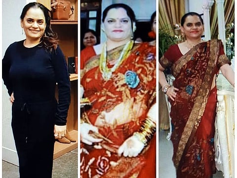 Vandana Datar, who lost 26kg in three years, shares her before (centre) and after weight loss pictures.