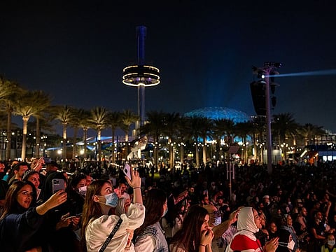 Crowd at Jubilee Stage at Expo 2020 Dubai watches a performance by Egyptian singer Mohammed Hamaki recently
