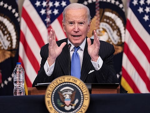 U.S. President Joe Biden speaks while meeting with chief executive officers to discuss the holiday shopping season in the EOP Library of the Eisenhower Executive Office Building in Washington, D.C., U.S., on Monday, Nov. 29, 2021. 