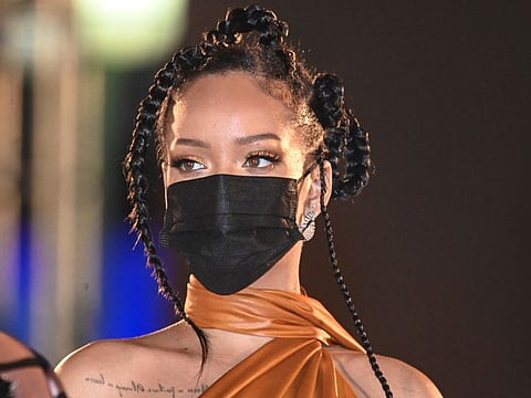 Singer Rihanna looks on at the Presidential Inauguration Ceremony to mark the birth of a new republic in Barbados, Bridgetown, Barbados, November 30, 2021.