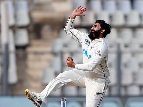 New Zealand's Ajaz Patel in action during the second day of the second Test against India at the Wankhede Stadium in Mumbai on December 4, 2021. The left-arm spinner became the third bowler after Jim Laker and Anil Kumble to take 10 wickets in an innings.