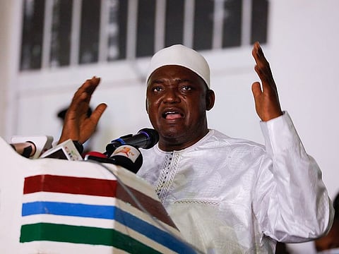 Gambia’s president-elect Adama Barrow gives a victory speech in Banjul, Gambia December 5, 2021. 