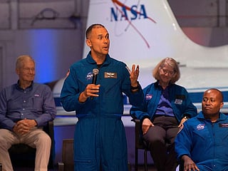 Anil Menon, 45, lieutenant colonel, UA Air Force, speaks at the Nasa's 2021 Astronaut Candidate announcement event on December 6, 2021 at Ellington Field in Houston.