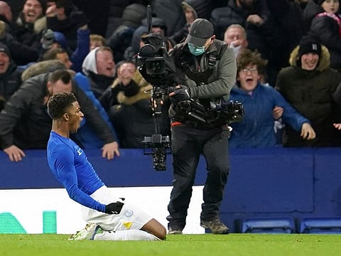 Everton’s Demarai Gray celebrates after scoring the winner against Arsenal.