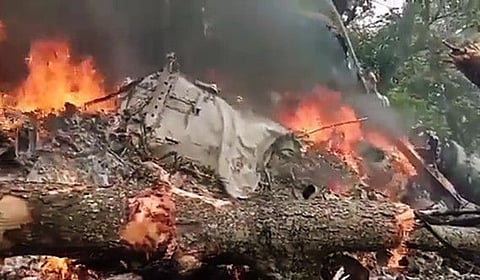 Flames come out from an IAF chopper that crashed near Coimbatore and Sulur on Wednesday, on December 8, 2021, killing Chief of Defence Staff (CDS) General Bipin Rawat and 12 others.
