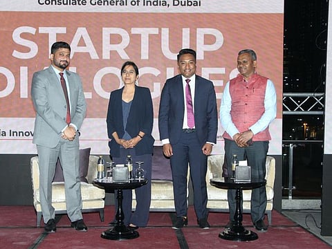 'Startup Dialogues' event organised by Consulate-General of India in Dubai [L to R] Ramkumar Thangaraj, Consul (Education), Shivagami Gugan of IDC Technologies, Suhas Gopinath of Globals Inc. and K Kalimuthu, Consul (Economic, Trade & Commerce)