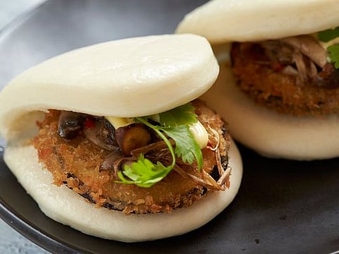 Mixed mushroom and panko aubergine bao buns