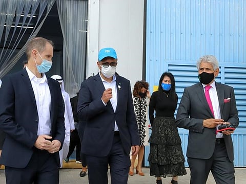 Dr Tedros Adhanom Ghebreyesus (centre front) during his tour of International Humanitarian City in Dubai on Sunday