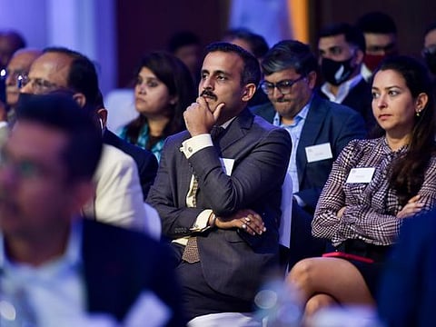 Dignitaries listening to Ananth Sankaranarayanan, Co-Founder & CEO, Mensa Brands Technologies, at the India Global Forum UAE 2021 at Taj Dubai, 13th December 2021. Photo: Ahmed Ramzan/ Gulf News