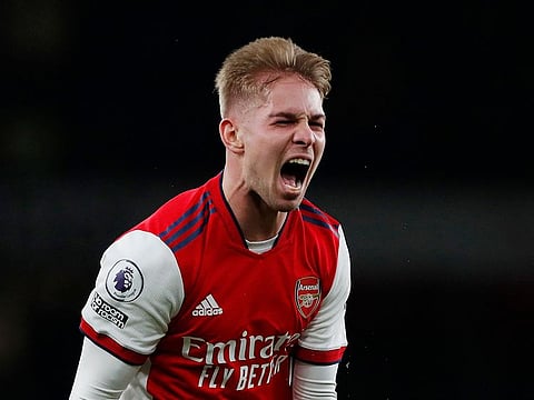 Arsenal's Emile Smith Rowe celebrates scoring their second goal.