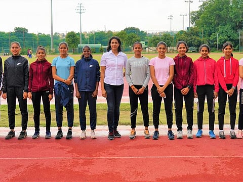 Level playing field: Anju Bobby George (centre) with her trainees at Anju Bobby Sports Foundation in Bengaluru.