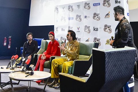 Director Kabir Khan and actors Deepika Padukone and Ranveer Singh at the press conference for their movie ''83' at Reel Cinema, Dubai Mall.