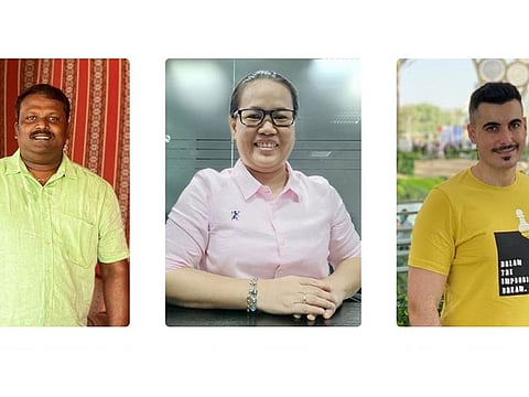 From left: Indian Mahendiran, Filipino Jocelyn and Palestinian Abdelrehem have each won Dh100,000 in the latest round of Mahzooz weekly draw in Dubai.
