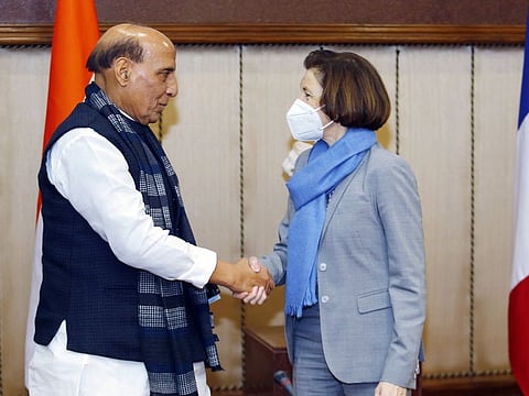 Defence Minister Rajnath Singh shakes hand with his French counterpart Florence Parly at the Annual Defence Dialogue between India and France, in New Delhi on Friday. 