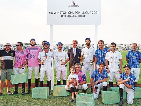 Martin Pedersen (centre) poses with the top three teams at the Sir Winston Churchill Cup 2021 on Friday.. 