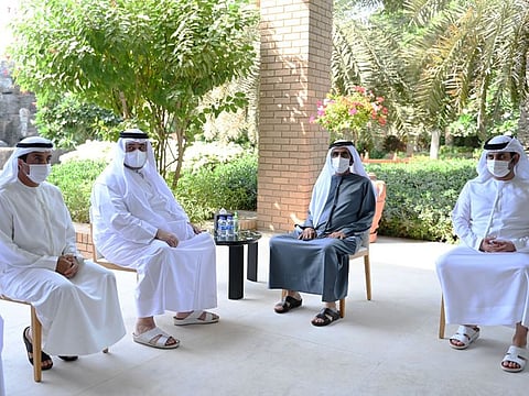  Sheikh Mohammed bin Rashid Al Maktoum (third from left) and Sheikh Maktoum bin Mohammed bin Rashid Al Maktoum (fourth from left) during their condolence visit to the family of late UAE businessman Majid Al Futtaim in Dubai on Sunday