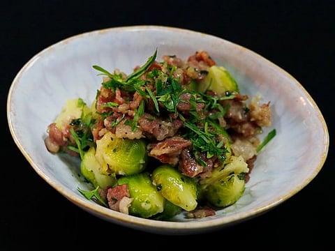 Recipe for brussel sprouts with beef bacon and chestnuts