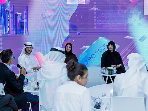 Sheikha Latifa bint Mohammed bin Rashid Al Maktoum (first from right) during the Majlis of Dubai Culture at Expo 2020 Dubai on Monday