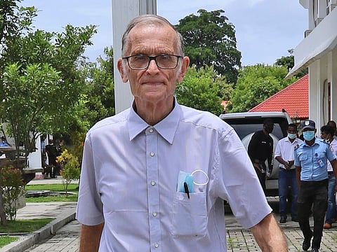 Richard Daschbach, a former missionary from Pennsylvania, US, upon his arrival for a trial at a courthouse in Oecusse, East Timor, in a February 23, 2021 photo..  