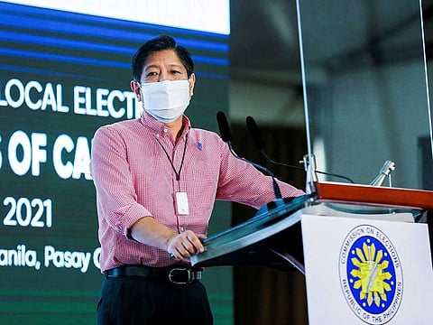 Ferdinand Marcos Jr, the son of late Philippines dictator Ferdinand Marcos, delivers a message after filing his certificate of candidacy for president in the 2022 national election, in Pasay City, Metro Manila, Philippines, October 6, 2021