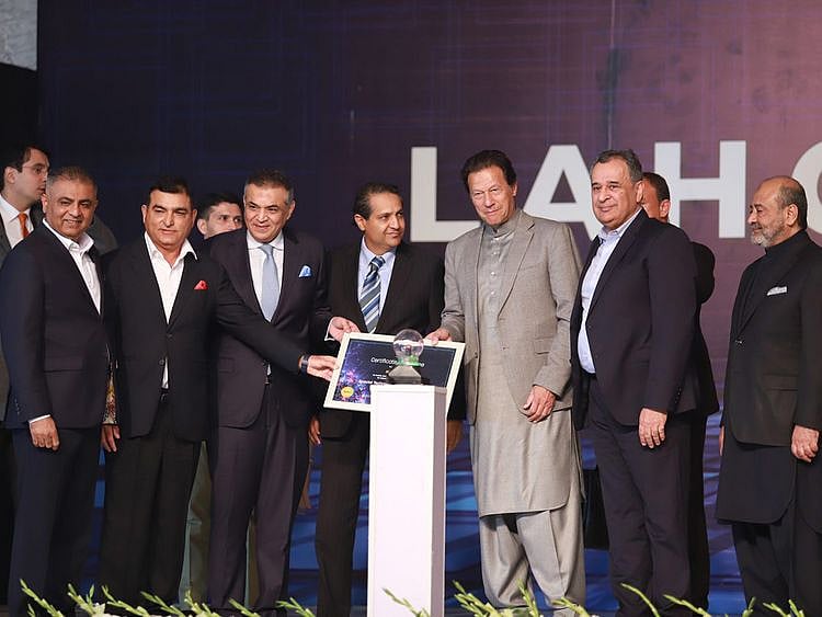  Pakistan’s Prime Minister Imran Khan and Special Technology Zones Authority (STZA) Chairman Amer Hashmi at the launch of Lahore Technopolis on December 23, 2021.
