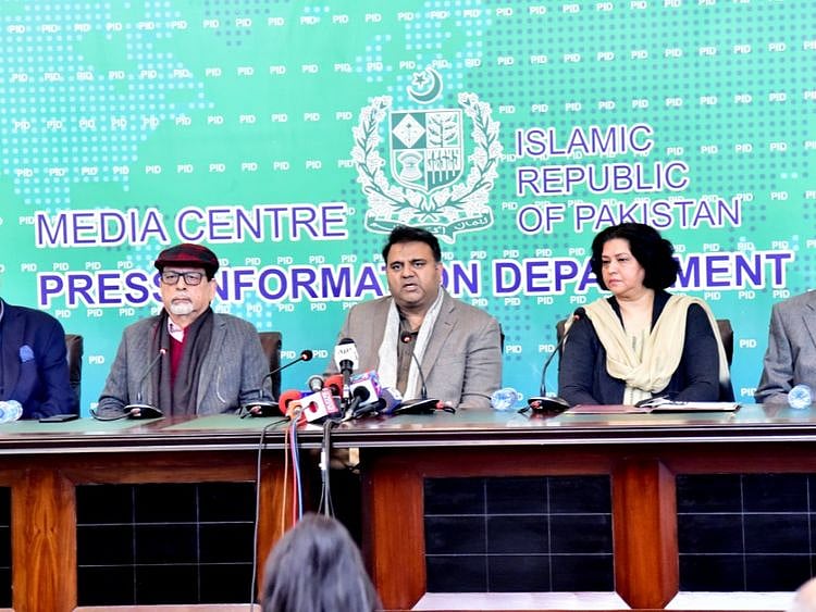 Federal Information and Broadcasting Minister, Chaudhry Fawad Hussain, speaks to media along with Arts Council Karachi President, Muhammad Ahmed Shah, to announce National Entertainment Awards