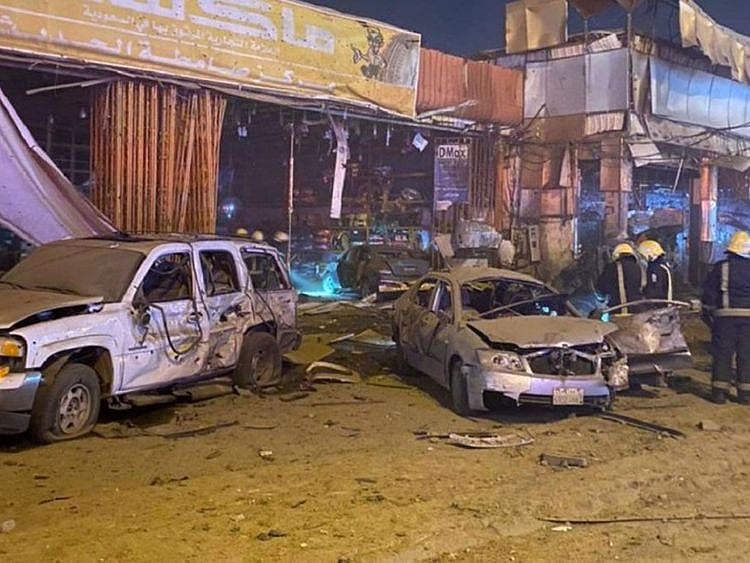 Damage after the projectile landed in the Saudi Jazan region as shown in civil defence photos.