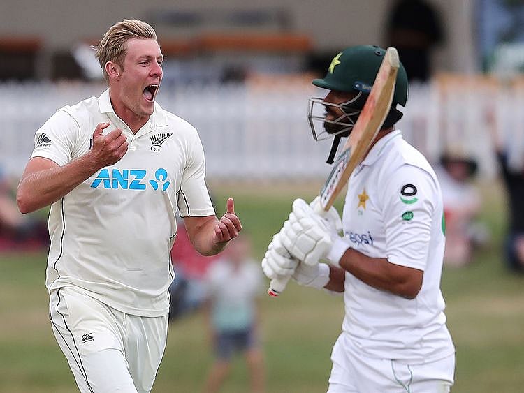 New Zealand’s paceman Kyle Jamieson celebrates the wicket of Pakistan’s Shan Masood 
