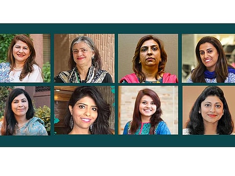 Eight Pakistani women have been honoured in the 2020 100 Outstanding Women Nurses and Midwives. Left to right from first row: Rozina Karmaliani, Samina Vertejee, Saima Sachwani, Marina Baig, Yasmin Nadeem Parpio, Sadaf Saleem Murad, Neelam Punjani and Shela Hirani.