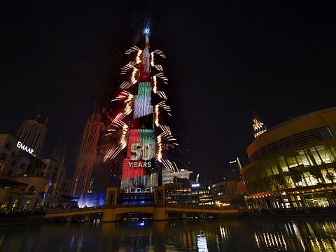 The fireworks display on Burj Khalifa of New Year's Eve celebrates the UAE Golden Jubilee. 